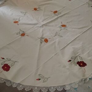 Floral Embroidered Tablecloth with Lace Trim